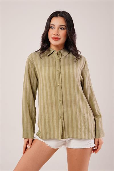 Parlak Efektli Düğmeli Haki Gömlek
