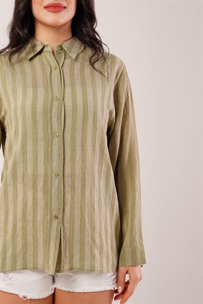 Parlak Efektli Düğmeli Haki Gömlek