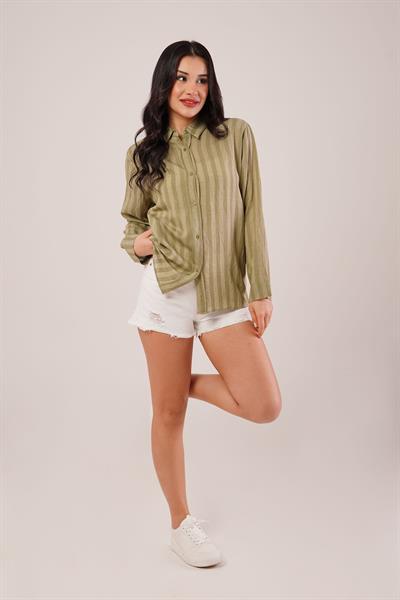 Parlak Efektli Düğmeli Haki Gömlek