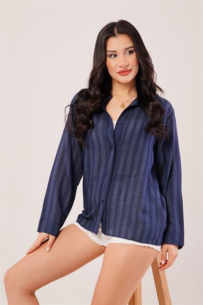 Parlak Efektli Düğmeli Lacivert Gömlek