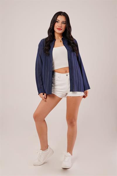 Parlak Efektli Düğmeli Lacivert Gömlek