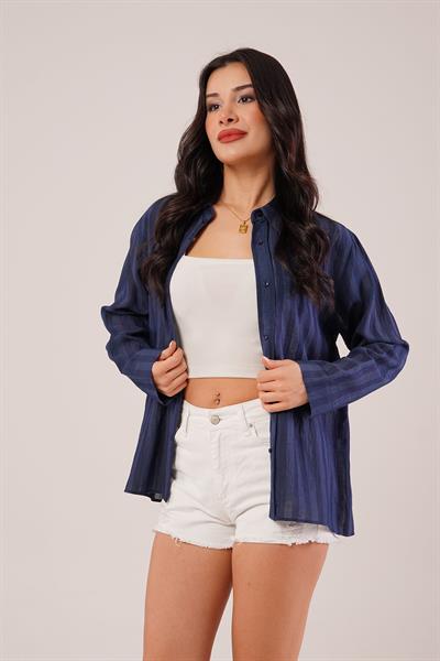 Parlak Efektli Düğmeli Lacivert Gömlek