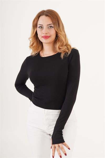 Parmak Geçirmeli Siyah Basic Bluz