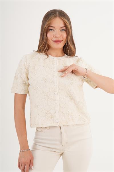 Payetli Tül İşlemeli Kısa Kol Şık Bej Triko Hırka