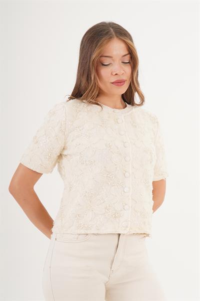 Payetli Tül İşlemeli Kısa Kol Şık Bej Triko Hırka