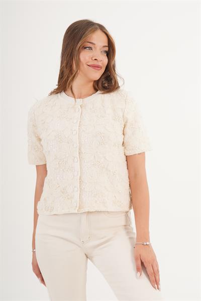 Payetli Tül İşlemeli Kısa Kol Şık Bej Triko Hırka