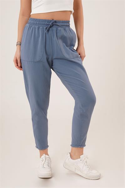 Bağlama Detaylı Cepli İndigo Pantolon