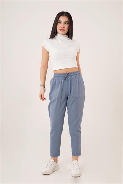 Bağlama Detaylı Cepli İndigo Pantolon
