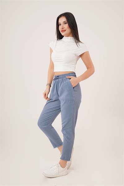 Bağlama Detaylı Cepli İndigo Pantolon