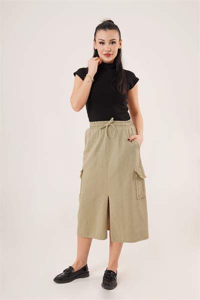 Ön Yırtmaçlı Cep Detaylı Haki Etek	