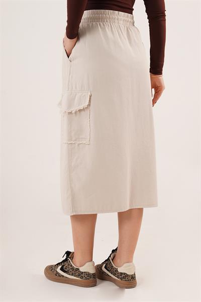 Ön Yırtmaçlı Cep Detaylı Bej Etek