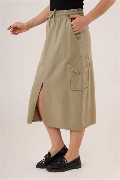 Ön Yırtmaçlı Cep Detaylı Haki Etek	