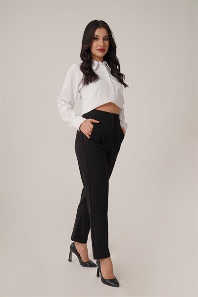 Çift Pens Detaylı Siyah Kumaş Pantolon