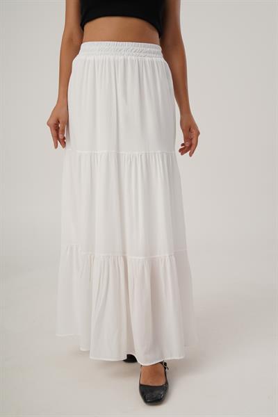 Pileli Basic Fırfırlı Uzun Beyaz Etek
