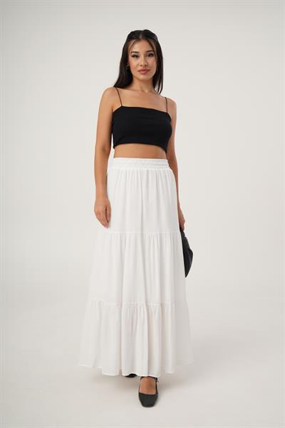 Pileli Basic Fırfırlı Uzun Beyaz Etek
