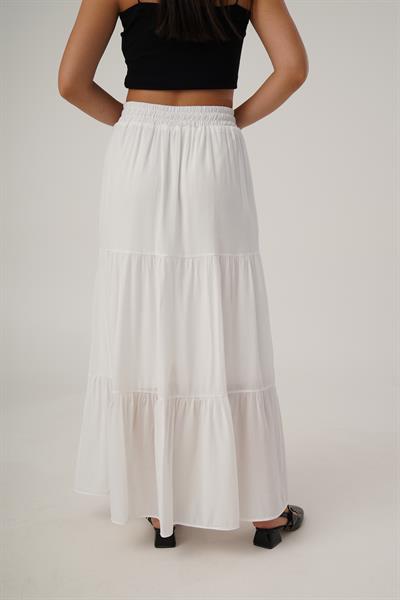 Pileli Basic Fırfırlı Uzun Beyaz Etek