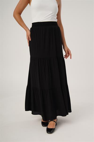 Pileli Basic Fırfırlı Uzun Siyah Etek