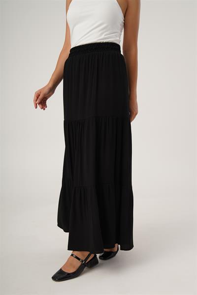 Pileli Basic Fırfırlı Uzun Siyah Etek