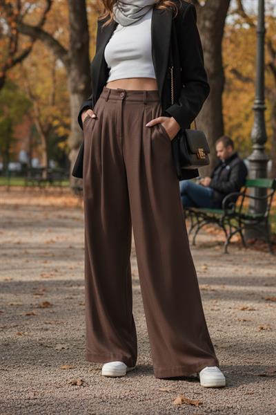 Çift Pileli Yüksek Bel Kahve Palazzo Pantolon