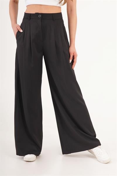 Çift Pileli Yüksek Bel Siyah Palazzo Pantolon