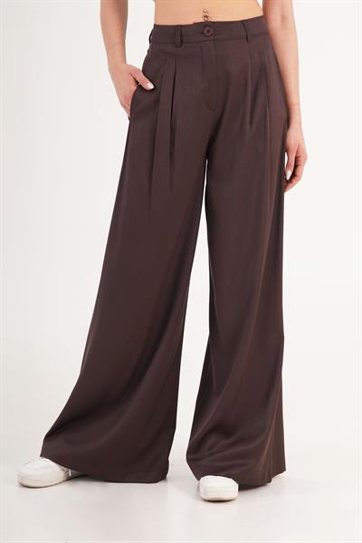 Çift Pileli Yüksek Bel Kahve Palazzo Pantolon
