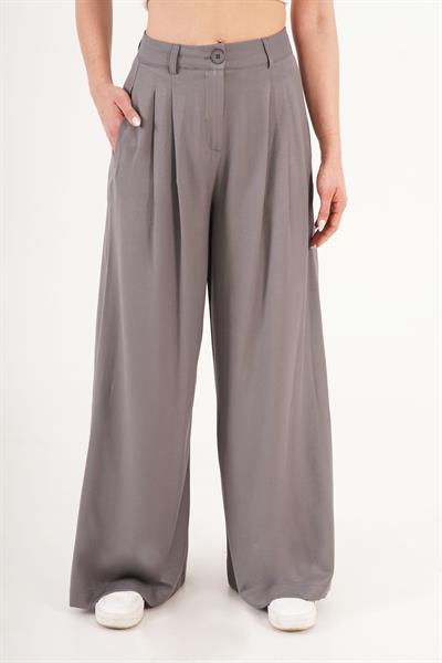 Çift Pileli Yüksek Bel Gri Palazzo Pantolon
