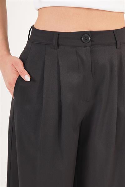 Çift Pileli Yüksek Bel Siyah Palazzo Pantolon