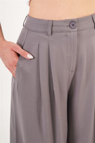 Çift Pileli Yüksek Bel Gri Palazzo Pantolon