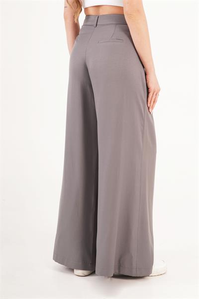 Çift Pileli Yüksek Bel Gri Palazzo Pantolon