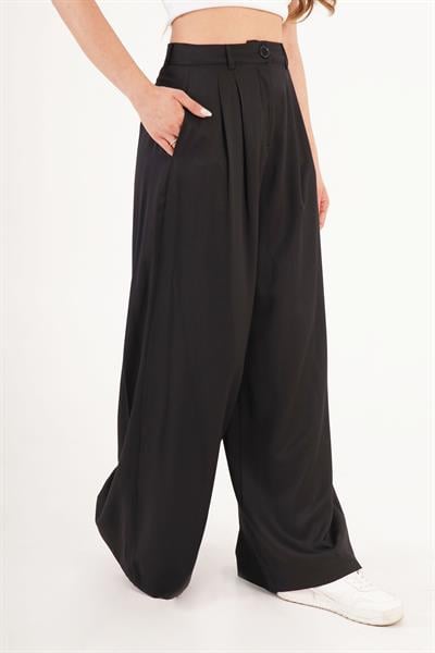 Çift Pileli Yüksek Bel Siyah Palazzo Pantolon