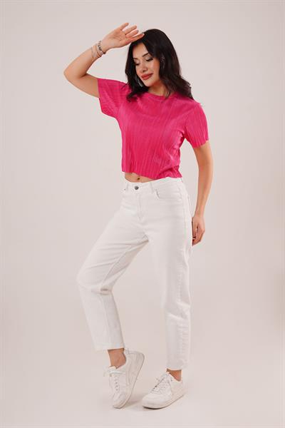 Piliseli Kısa Kollu Parlak Fuşya Bluz