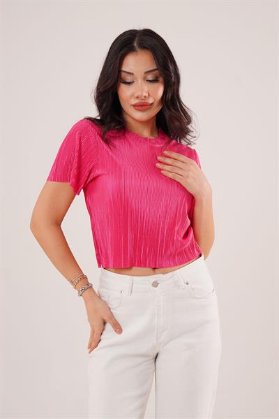 Piliseli Kısa Kollu Parlak Fuşya Bluz