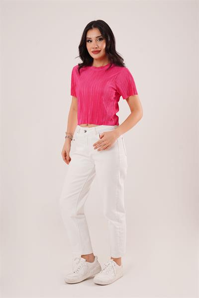 Piliseli Kısa Kollu Parlak Fuşya Bluz