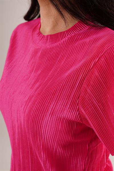 Piliseli Kısa Kollu Parlak Fuşya Bluz