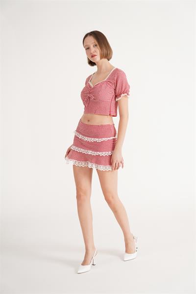 Pitikare Desenli Etek Crop Kırmızı Takım