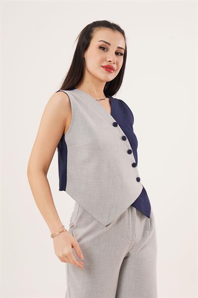 Çapraz Modelli Düğmeli Lacivert Yelek	