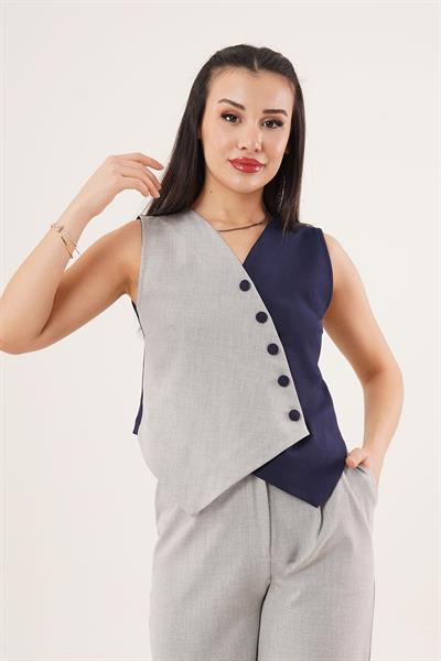 Çapraz Modelli Düğmeli Lacivert Yelek	