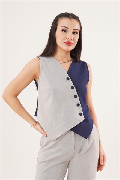 Çapraz Modelli Düğmeli Lacivert Yelek	