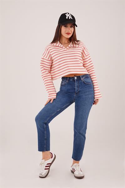 Polo Yaka Kırmızı Çizgili Crop Sweatshirt