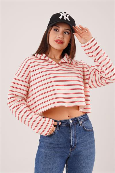 Polo Yaka Kırmızı Çizgili Crop Sweatshirt