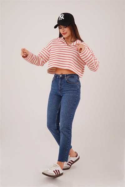 Polo Yaka Kırmızı Çizgili Crop Sweatshirt