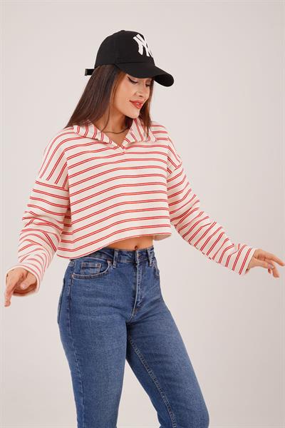 Polo Yaka Kırmızı Çizgili Crop Sweatshirt