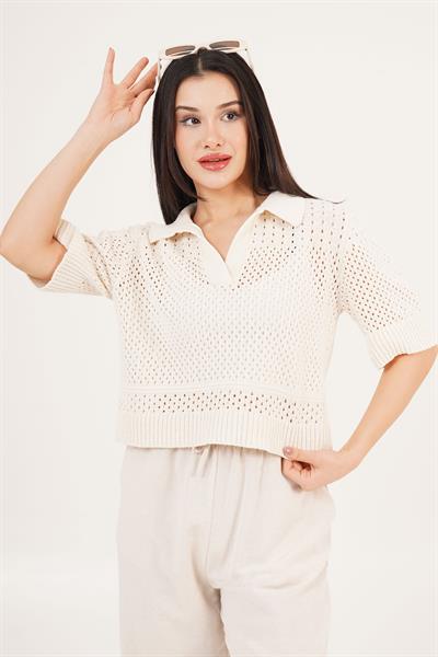 Polo Yaka Yarım Kollu Ajurlu Bej Bluz