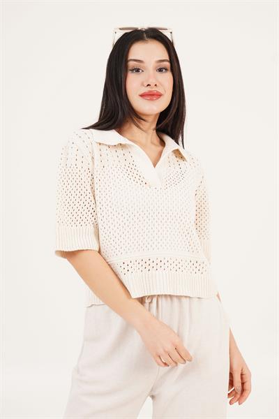 Polo Yaka Yarım Kollu Ajurlu Bej Bluz