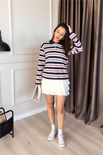 Polo Yaka Loose Fit Lacivert Çizgili Sweatshirt