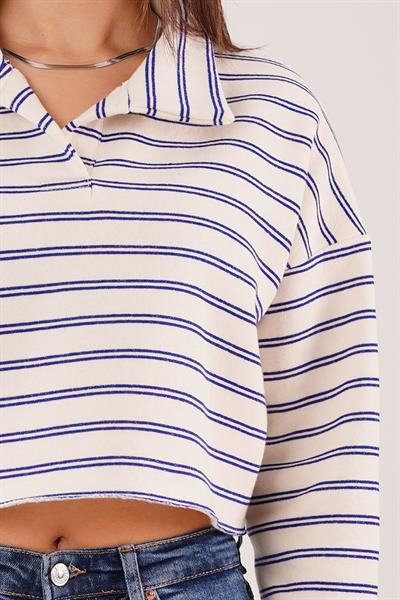 Polo Yaka Saks Çizgili Crop Sweatshirt