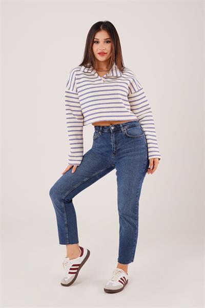 Polo Yaka Saks Çizgili Crop Sweatshirt