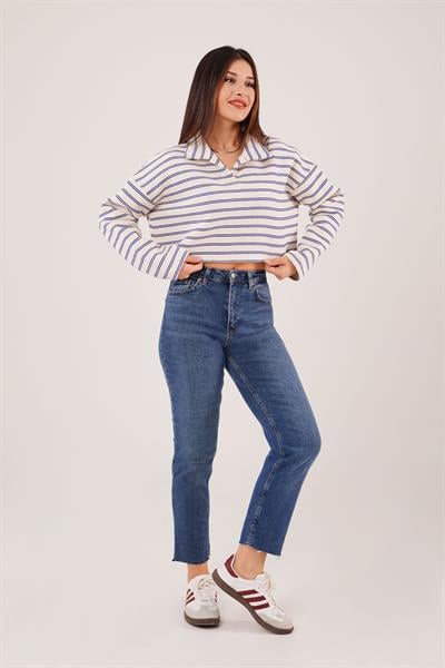 Polo Yaka Saks Çizgili Crop Sweatshirt