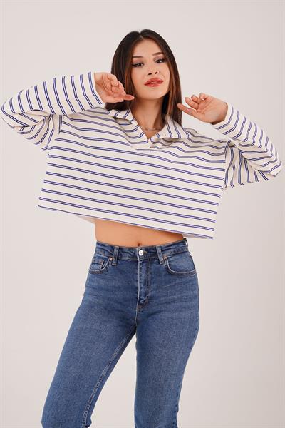 Polo Yaka Saks Çizgili Crop Sweatshirt