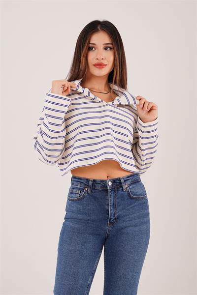 Polo Yaka Saks Çizgili Crop Sweatshirt
